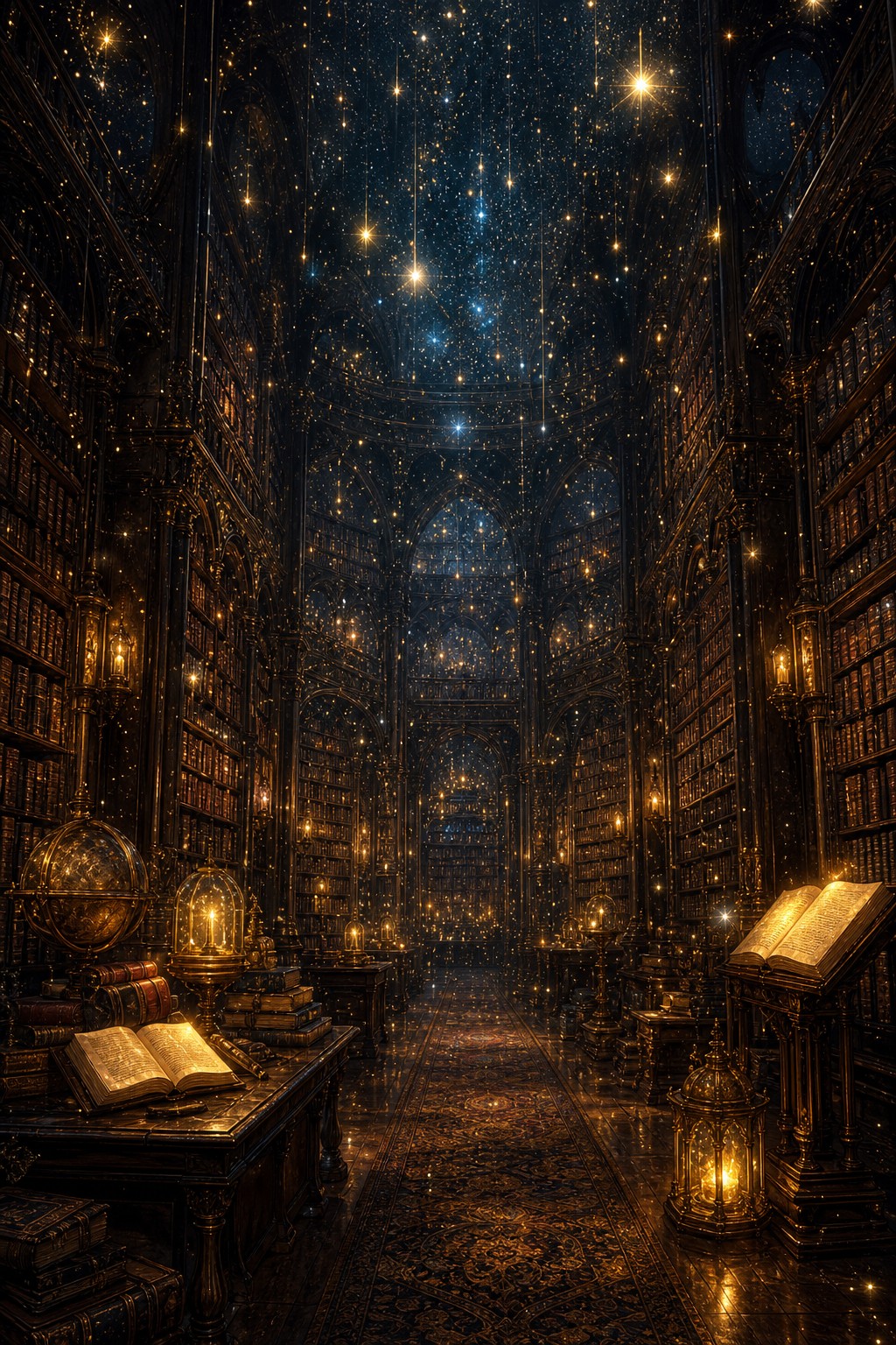 天井いっぱいに星がまたたく巨大な図書館。ランプの明かりに照らされ、本棚がどこまでも続いているAIアート作品